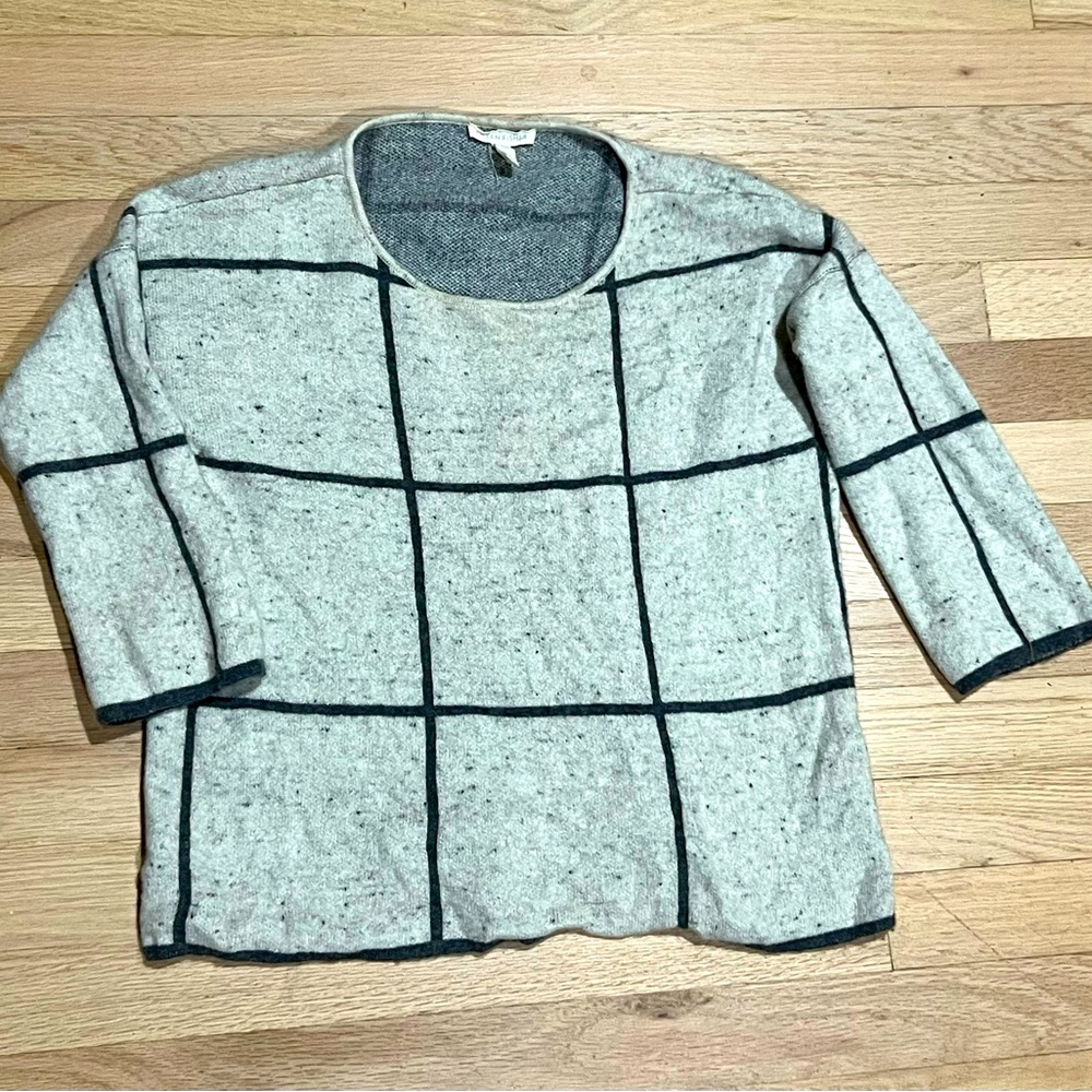 Eileen Fisher Gray windowpane plaid wool & organic cotton sweater sz XS